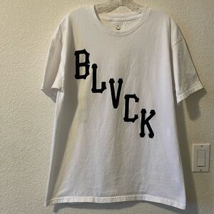 Black Scale thick cotton white tee, size Large, black lettering front and back